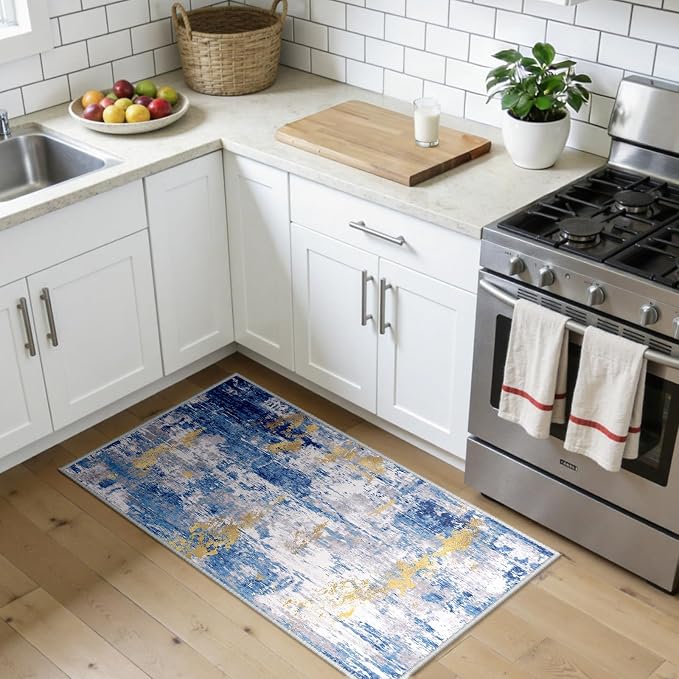 RELEANY Washable 2'x4' Abstract Area Rug for Living Room Blue Gold | Carpet for Bedroom, Kitchen, Office, Hallway and Entryway, Printed Pattern, Non‑Slip, Soft, Stain‑Resistant, Easy to Clean