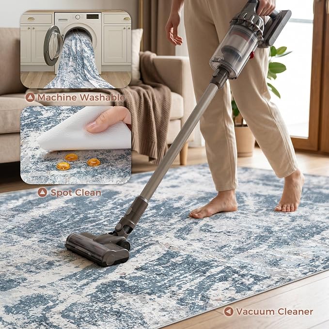 DMOYEST 7x9 Area Rug for Living Room Washable Abstract Indoor Carpet | Neutral Modern Low Pile Rugs Kid & Pet Friendly Large Soft Thin Carpet for Bedroom Dining Room and Office - Blue Light