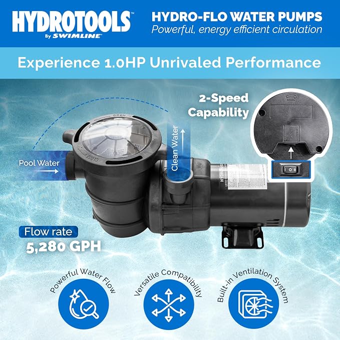 SWIMLINE HYDROTOOLS Above-Ground Pool Motor Pump, 2-Speed, Hydro-Flo 1 HP w/ 5280 GPH, Vertical | Variable Dual-speed Above-ground Pool Pump, 1.0 HP, 5, 280 GPH, Vertical Discharge, Strainer Basket, 115V, DOE-certified