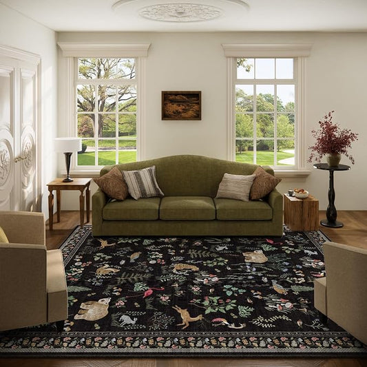 Washable Area Rugs for Living Room: 5x7 Bedroom Rug Vintage Rugs Stain Resistant Non Slip Low Pile Soft Lightweight Indoor Carpet Rug for Kitchen Dining Room Farmhouse Nursery Kids Room Home Office