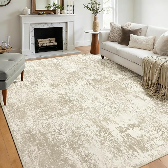RELEANY Washable 8'x10' Abstract Area Rug for Living Room Cream Beige | Carpet for Bedroom, Kitchen, Office, Hallway and Entryway, Printed Pattern, Non‑Slip, Soft, Stain‑Resistant, Easy to Clean