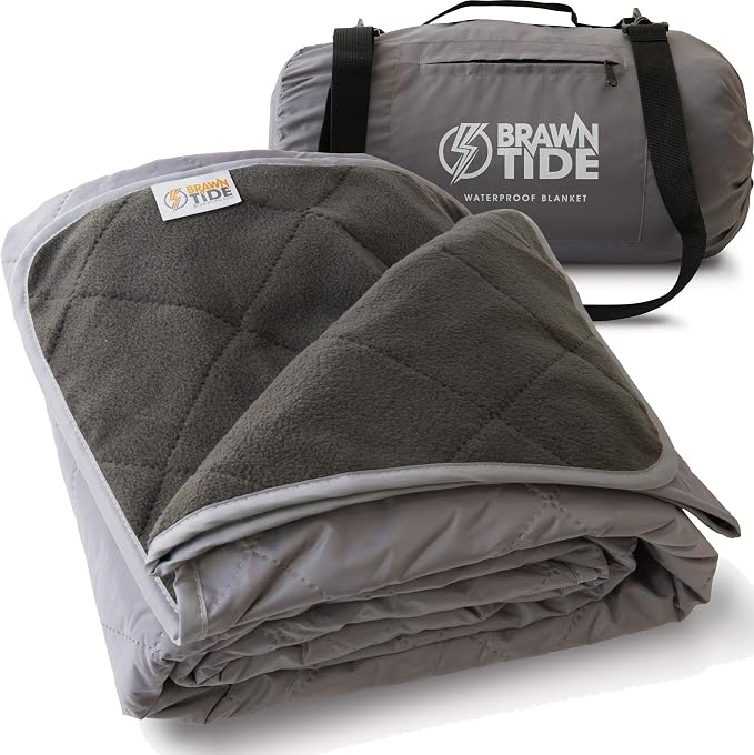 BRAWNTIDE Large Waterproof Outdoor Blanket, Extra Thick Fleece, Warm, Windproof & Sandproof, Quilted Stadium Blanket for Sports Events, Beach, Camping, Picnics, Dogs & Car, 82" x 55