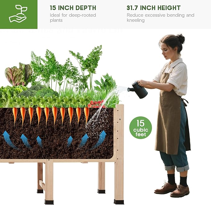 AMERLIFE 7x2 Ft Raised Garden Bed with Legs and Drainage Holes, 16 Inch Deep Elevated Wood Planter Box for Vegetables, Flowers, Herbs, Balcony, Patio, Backyard