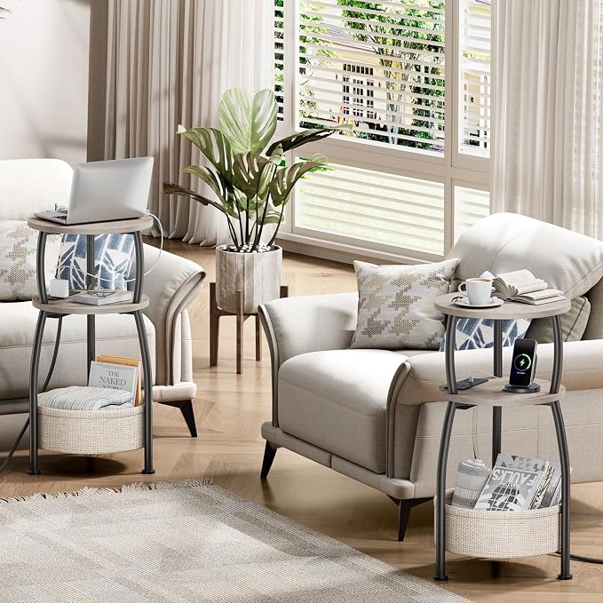 Small Side Table with Charging Station, Round End Table with Basket, USB Port and Outlet, 3 Tiers Sofa Couch Table Bedside Table for Living Room Bedroom, Small Spaces, 11.81in Greige