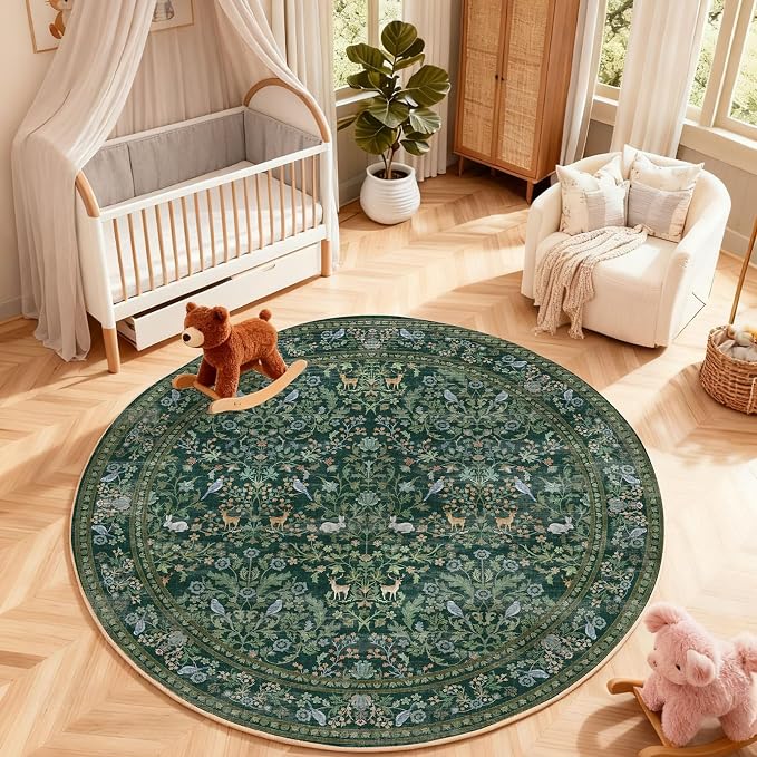 Washable Round Rugs for Bedroom 4ft: Living Room Rug Stain Resistant Non Slip Low Pile Ultra Soft Faux Wool Small Circle Rugs for Kitchen Entryway Dorm Home Office Nursery Bathroom Entrance Indoor