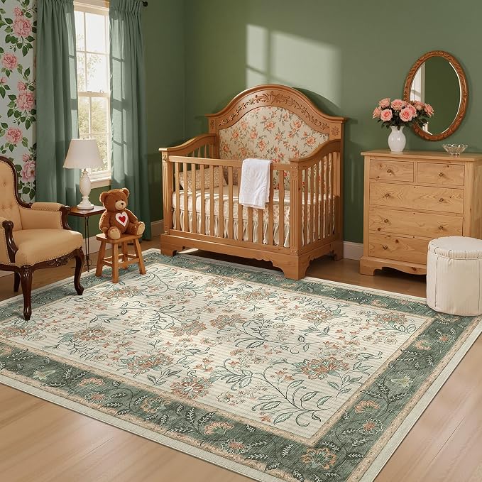 GarveeHome 4x6 Sage Green Washable Area Rug Bedroom Non Slip Nursery Room | French Country Floral Rug Low Pile Carpet Stain Resistant Throw Rug for Dining Room Bedside Kids Room Office