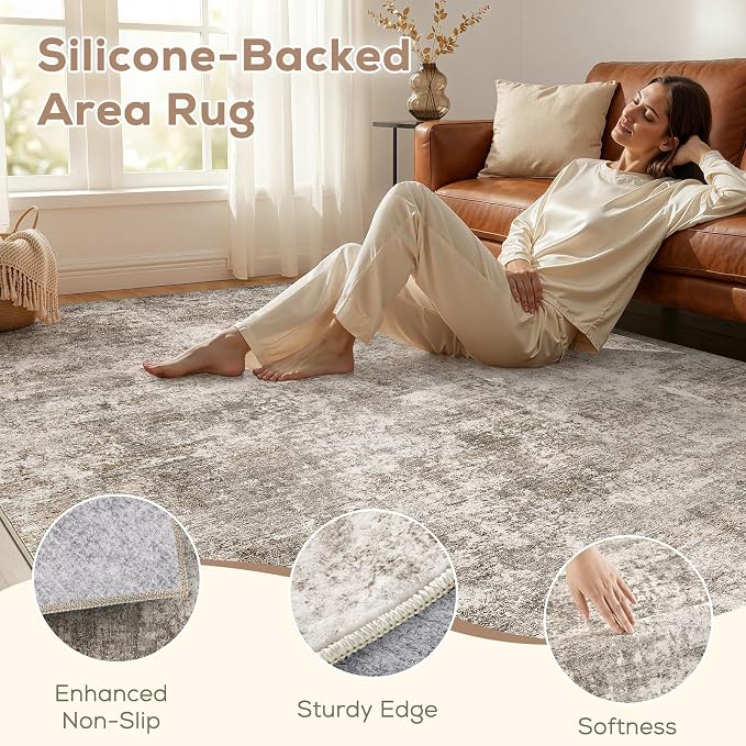 Nakagishi 10X14 Abstract Washable Area Rugs for Living Room-Brown | Modern Non-Slip Silicone Backing Low Pile Soft Carpet for Bedroom Dining Decor Ideal for Families with Kids and Pets