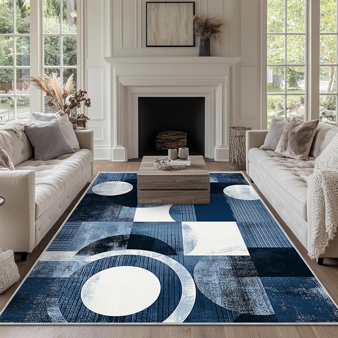 Boho Area Rug for Living Room Abstract Geometric 6x9 Entryway Rug Modern Blue Circles Rugs Non Slip Low Pile Machine Washable Floor Carpet for Indoor Bedroom Kitchen Dining Room Office