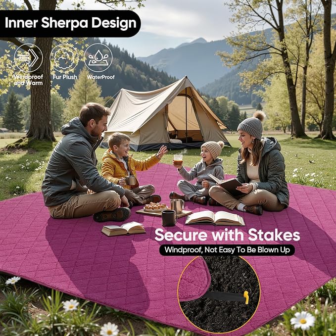 Waterproof Camping Blanket w/Sherpa Lining, Large Stadium Blankets for Outdoor Cold Weather, Windproof Emergency Throw, LightWeight and Warm for Hiking, Dog, Picnic, Washable, 55”X 82” (Purple, 1PCS)