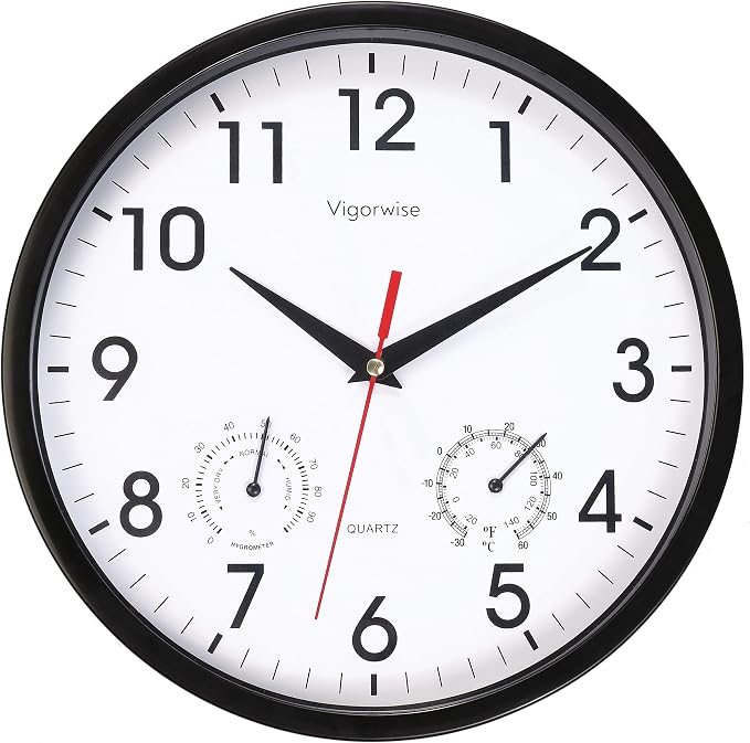 Wall Clock, Sweep Silent Movement Accurate Clocks with Temperature & Humidity, Decorative for Kitchen/Living Room/Bedroom/Office/School/Classroom (Black, 10 inch)
