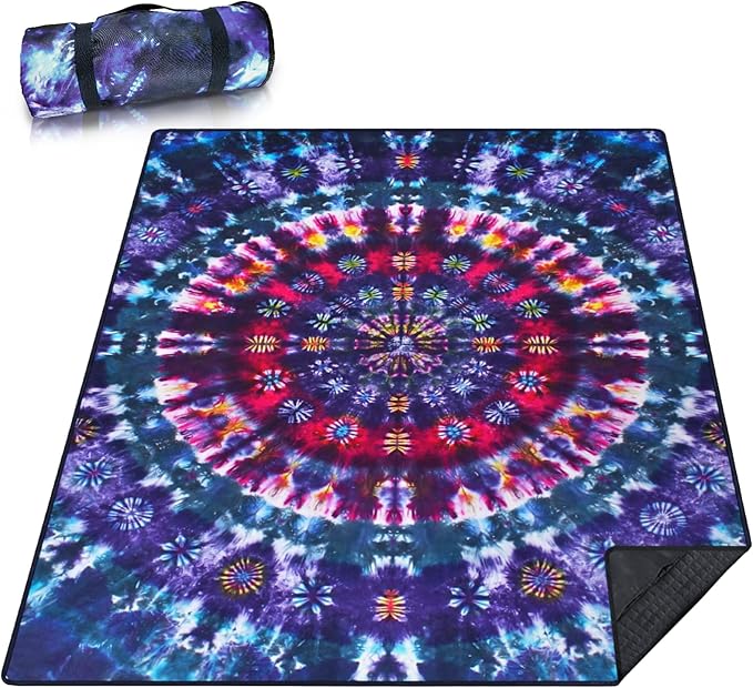 Picnic Blankets Extra Large Waterproof, 80"x 60"Tie-dye Beach Mat with Corner Pockets Windproof Sandproof Foldable Portable 3-Layer Mat Darker for Wet Grass,Parks,Music Festival,Camping,Concerts