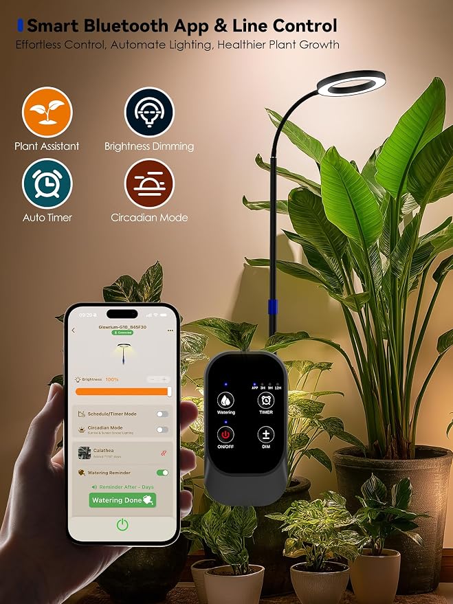 Smart Grow Light for Indoor Plants, 53.9"-67.5" Adjustable Height Full Spectrum LED Plant Light, APP Control with Auto Timer, Plant Assistant,Stepless Dimming, Ideal for Large Tall Plants