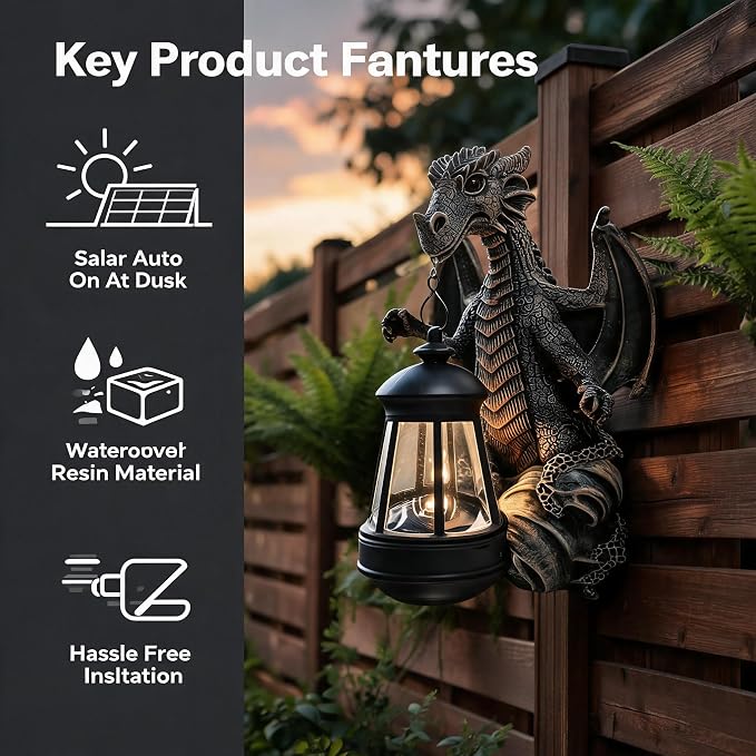 10"Dinosaur Solar Hanging Lantern, Tree Hugger Statue, Gift for Dino Lovers | Easy Tree-Hugging Installation, Lights Up Automatically at Sunset, Wonderful Gift for Dino Fans and Kids