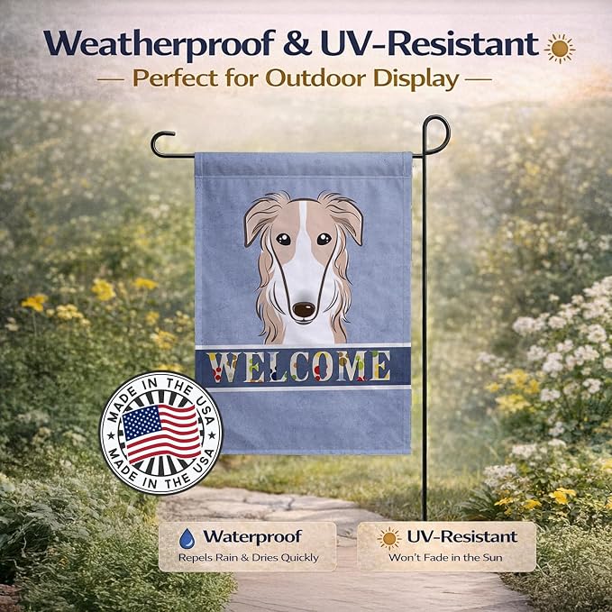 Caroline's Treasures BB1414GF Borzoi Welcome Garden Flag, Blue Mailbox Flag Decorative Yard Flag Banner Outside Patio Artwork Yard Flower Beds, Garden Size, Multicolor