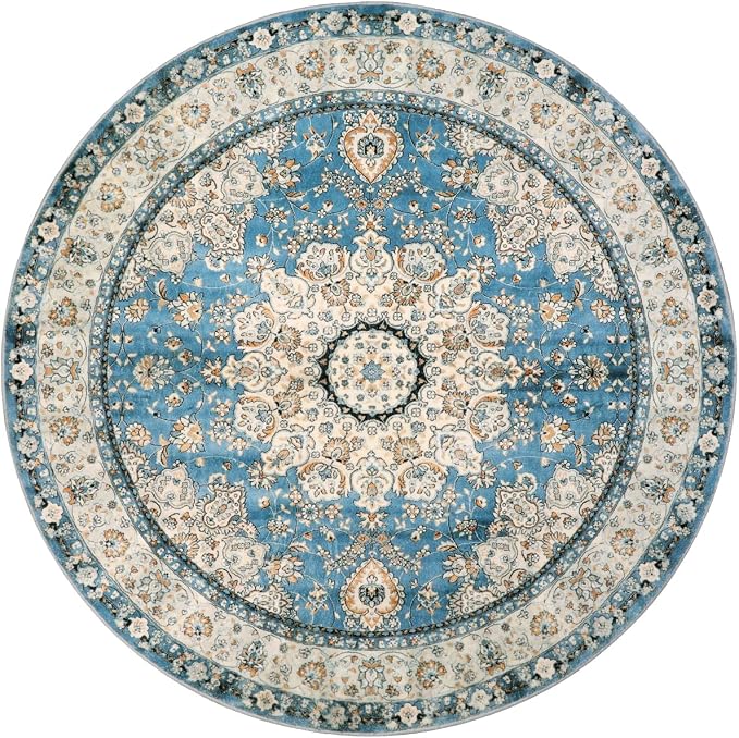 Lahome Felice Oriental Floral Medallion Round Rug - 3Ft Blue Small Round Area Rug, Soft Non-Slip Washable Bathroom Mat Indoor Throw Kitchen Carpet for Bedroom Chair Closet Decor
