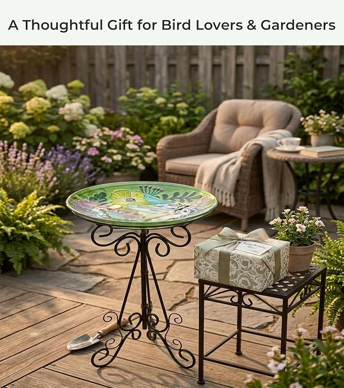 Large Bird Bath for Outside, Glass Bath Bowl with Metal Stand 28" H Standing Outdoor Birdbaths for Garden Yard Lawn Decor, Dragonfly-New