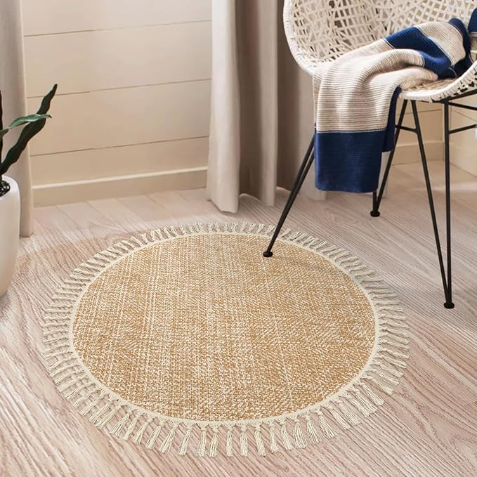 Boho Round Area Rug, Soft Hand Woven Washable Bedroom Carpet 3ft | Modern Farmhouse Bedside Rugs with Tassels, Tan/Cream Circle Nursery Rugs for Living Room Dining Room Table Office