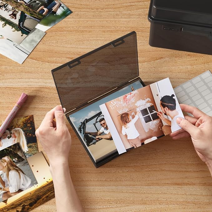 Lifewit 1 Pcs Photo Storage Set with 9 pcs 5"x7" Inner Photo Box& 28 x 22 cm/11x8.5 Transport Case, Craft Organizer for Seed Cards Pictures Office Supplies with 1 Sheet Label Sticker, Black