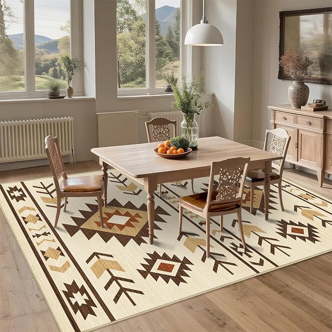 Area Rug 6x9 Western Rug Living Room Southwestern Aztec Tribal Rugs Southwest Navajo Machine Washable Non-Slip Printed Low-Pile Floor Carpet for Bedroom Dining Room Office, Camel