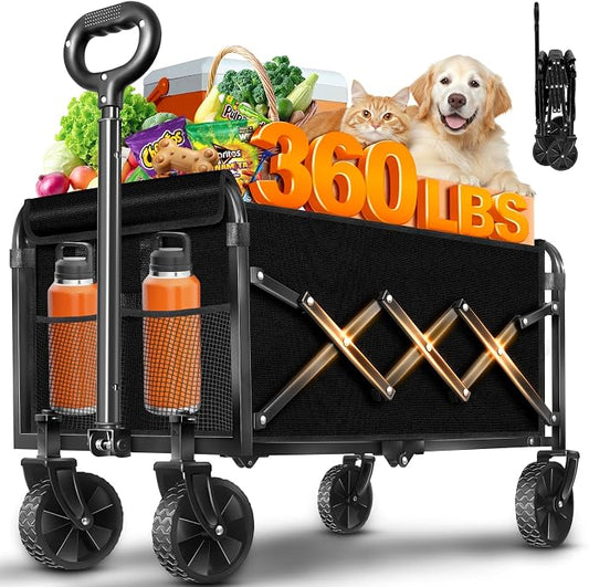 Wagons Carts Foldable, Collapsible Folding Wagon, Portable Folding Wagon Cart with Wheels, Outdoor Utility Carts for Groceries, Camping, Sports, Shopping, Black