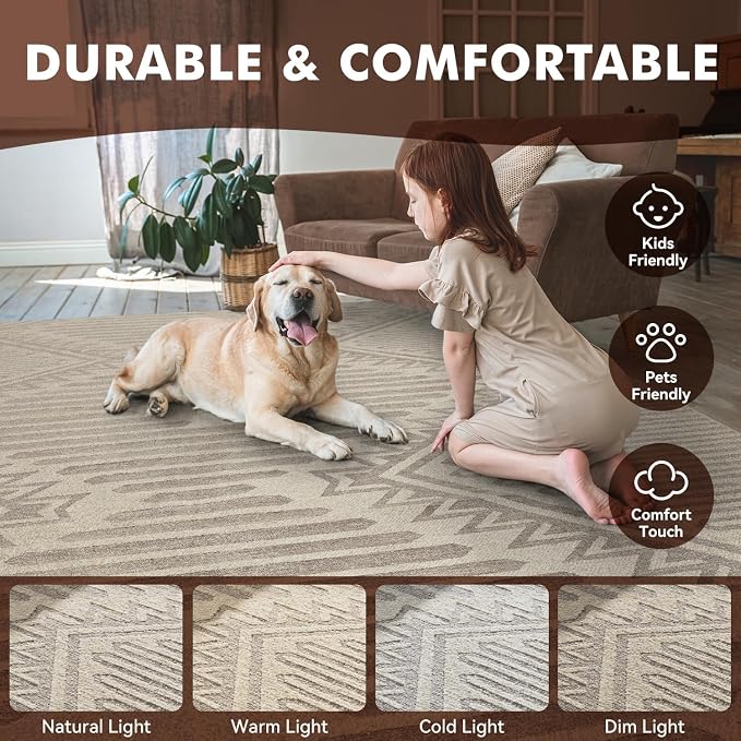Boho Beige 6x9 Area Rugs Textured Tufted Rugs for Living Room Bedroom Nursery Rug-Carpet Washable Brown Neutral Modern Aztec Rug