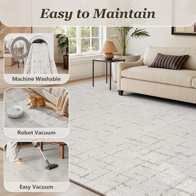 Engiw-Beige Neutral 5x7 Area Rug for Living Room Rug-Carpet Bedroom Rugs Textured Tufted Jacquard Modern Washable Rug for Dining Room Nursery Non Slip