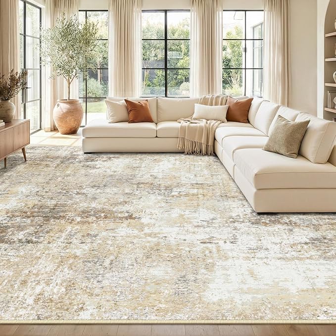 RELEANY Washable 9'x12' Abstract Area Rug for Living Room Neutral Brown | Carpet for Bedroom, Kitchen, Office, Hallway and Entryway, Printed Pattern, Non‑Slip, Soft, Stain‑Resistant, Easy to Clean