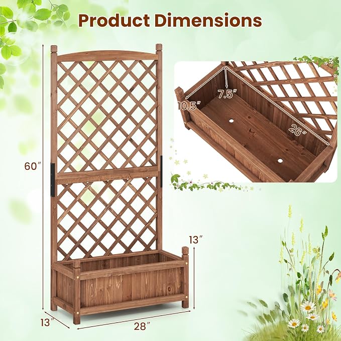 Giantex Raised Garden Bed with Trellis, 60” Wooden Planter Container with Drainage Holes, High Trellis for Plant Flower Climbing Pot Hanging, Indoor & Outdoor Planter Box for Yard Garden Balcony