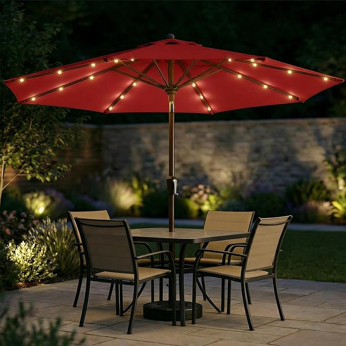 10FT Solar Patio Umbrella with Lights, Outdoor Table Market Umbrella with 32 LED Lights, 8 Sturdy Ribs, Push Button Tilt and Crank for Pool, Deck and Garden, UV-Resistant