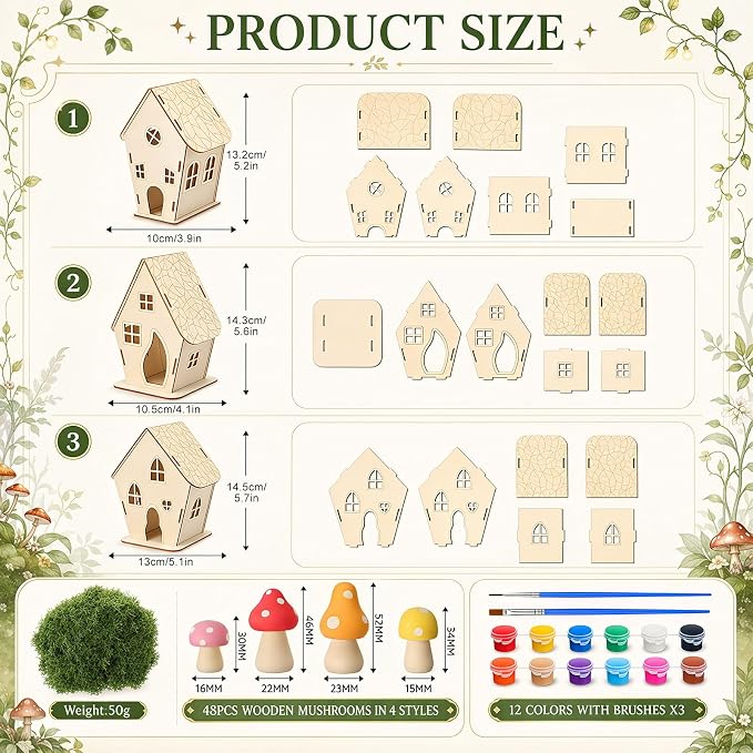 DoubleFill 12 Sets Wooden Fairy House Craft Kit for Kids - Classroom DIY Fairy Garden with Paints & Decorations - School Arts Crafts & Birthday Gift for Activity Party Decor (3 Mixed Lovely Styles)
