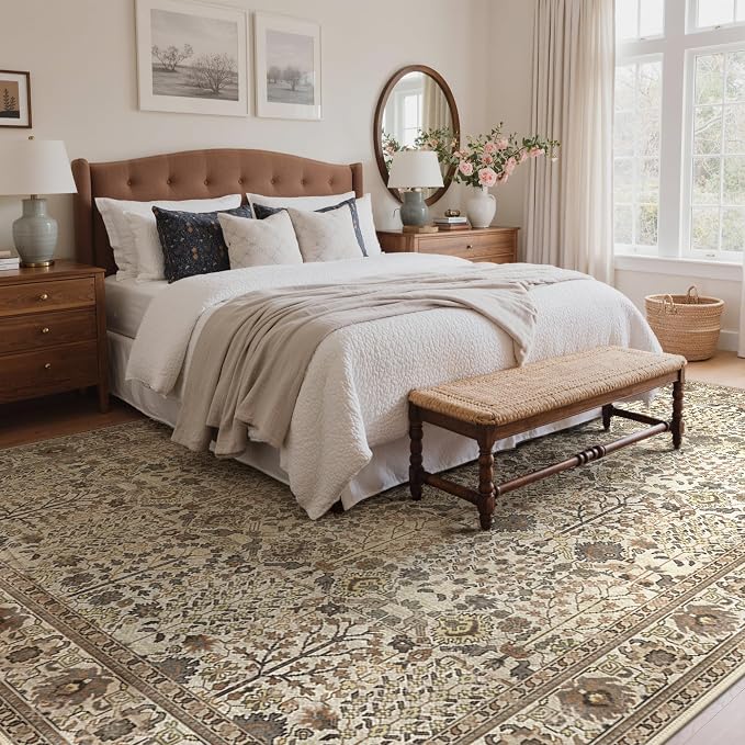 10x14 Area Rug for Living Room, Washable Low Pile, Dark Espresso | Vintage Distressed Design, Spill Resistant Lightweight Non-Shedding Carpet for Bedroom, Dining Room, Office