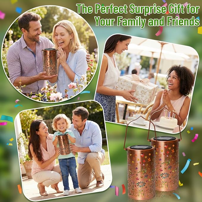 2 Pack Colorful Hanging Solar Lanterns Outdoor Waterproof [6 Hummingbirds], Metal Decorative Hummingbird Solar Lantern for Front Porch Yard Table Path Garden Decor, Ideal Gifts for Mom Wife Grandma