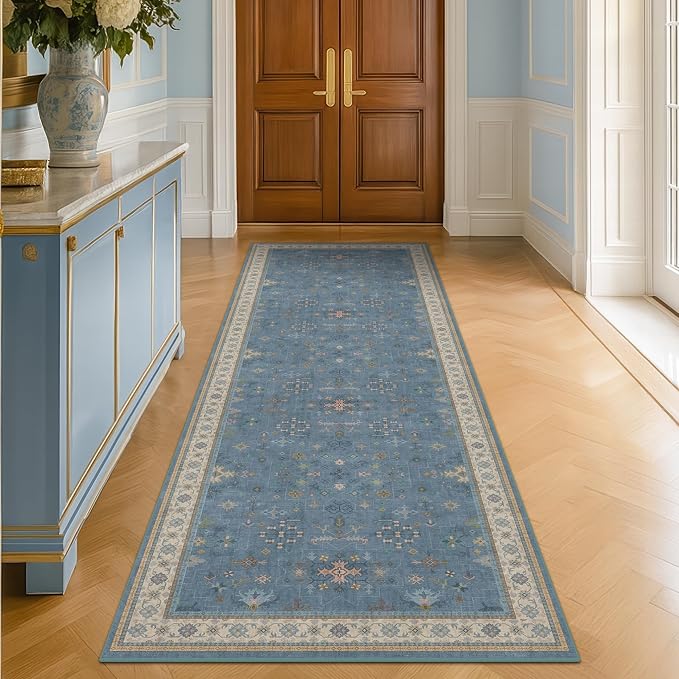Boho 2'6"x10' Wide Runner Rugs for Hallway Non Skid- 10ft Light Blue Washable Non Slip Long Entryway Rug, Low Pile Geometric Floral Indoor Décor