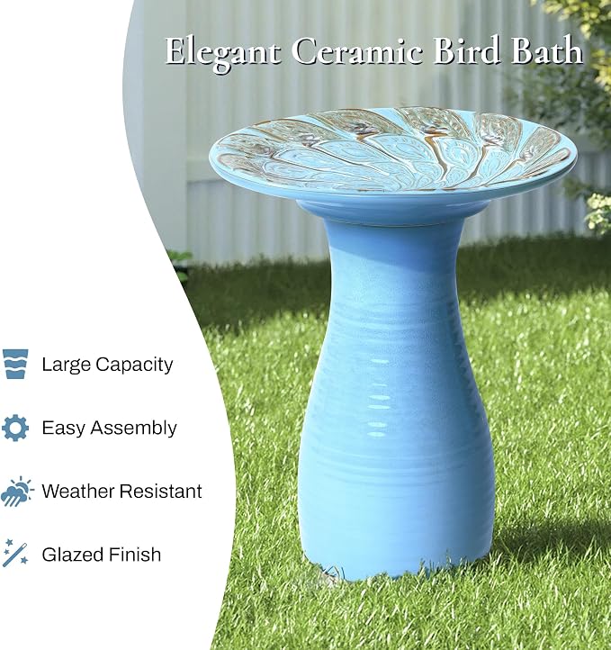 LuxenHome 20.6 Inch Ceramic Bird Bath for Outside, Elegant Tall Outdoor Bird Bath, Lightweight Pedestal Glazed Birdbaths for Outdoors with Leaf Pattern, Sky Blue