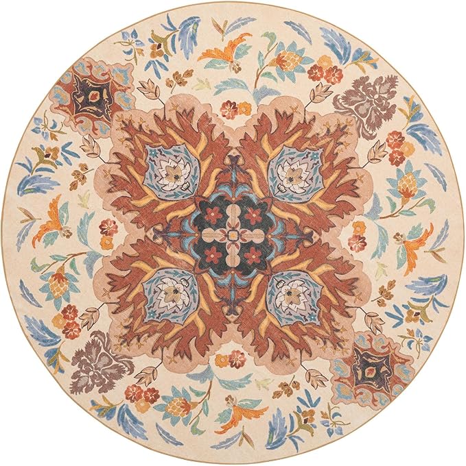 Phantoscope Washable Round Area Rug 6ft Non-Slip, Vintage Boho Rugs for Living Room, Bedroom, Dining Room, Fall Orange Floral Medallion Pattern, Low-Pile Foldable Floor Carpet, Rust/Multi Floral