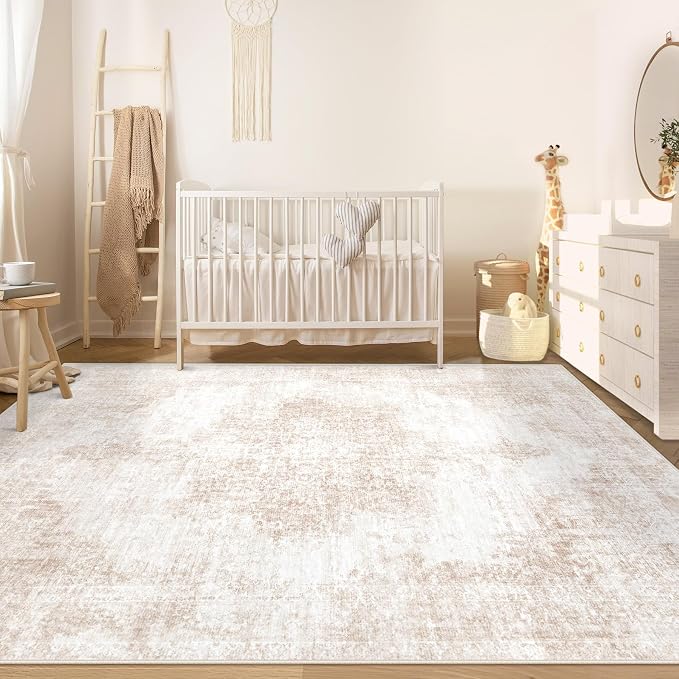 Area Rug 6x9 Vintage Rugs: Washable Living Room Rug Retro Medallion Distressed Large Rug Soft Low Pile Non-Slip Rugs Indoor Floor Carpet for Bedroom Kitchen Nursery Dining Table Office (Beige/Brown)