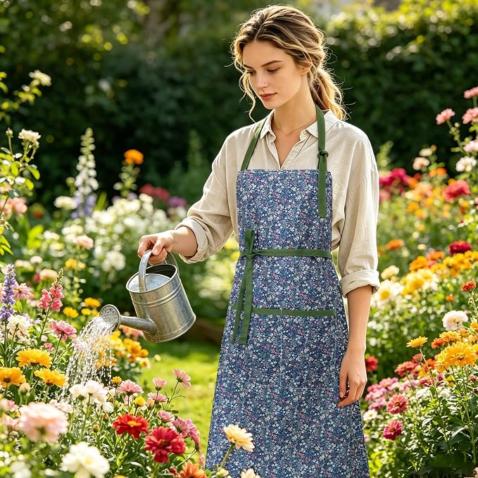 Women's Vintage Floral Kitchen Apron for Cooking & Gardening | Adjustable Neck Straps & Large Pockets, Cute Pinafore for Baking Tea Time, Practical Hostess Gift(Navy1)