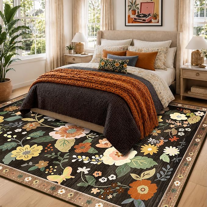RELEANY Floral Washable 9x12 Area Rugs Black/Yellow | Flower Carpet, Print, Boho, Non-Slip, Easy to Clean, Soft, Low Pile for Living Room Bedroom Kitchen Office Entryway Hallway