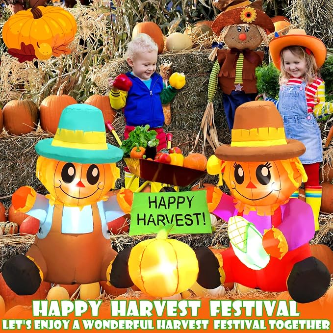 6FT Long Fall Inflatables Outdoor Decorations, Inflatable Scarecrow and Pumpkin, Built-in LED Fall Autumn Harvest Thanksgiving Inflatables Blow Ups for Outside Yard Garden Lawn