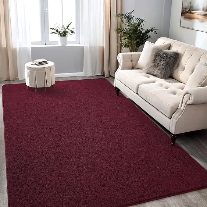 5x7 Burgundy Red Area Rug Modern Aesthetic Minimalist | Washable Memory Foam, Low Pile Non Slip Indoor Carpet for Living Room Bedroom Office Classroom College Dorm Room Home Decor
