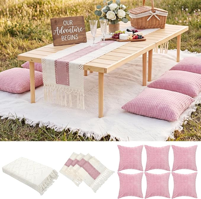 Beeveer 8 Pcs Light Pink Picnic Kit Extra Large Outdoor Boho Picnic Blanket 91x71'', Low Table Runner, 6 Throw Pillow Covers, Woven Cotton Yarn Oversize Washable Beach Blanket for Camp Wedding Garden