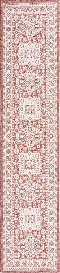 Unique Loom Outdoor Aztec Collection Area Rug - Chalca (2' 7" x 12' Runner, Rust Red/ Ivory)