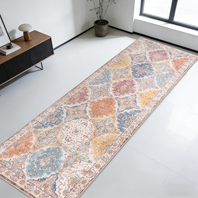 Moroccan Vintage Distressed Boho Geometric Colorful 2x6 Runner Rug | Floral Washable Non Slip Throw Floor Long Carpet Runner for Hallway Entryway Kitchen Bathroom Bedroom Livingroom Rug