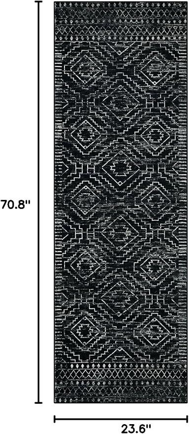 Wonnitar Washable Kitchen Runner Rug 2x6, Moroccan Black Runners for Hallway, Non Slip Bohemian Soft Bathroom Throw Mat Geometric Carpet Runner for Laundry Entryway Bedroom (Black,2'x6')