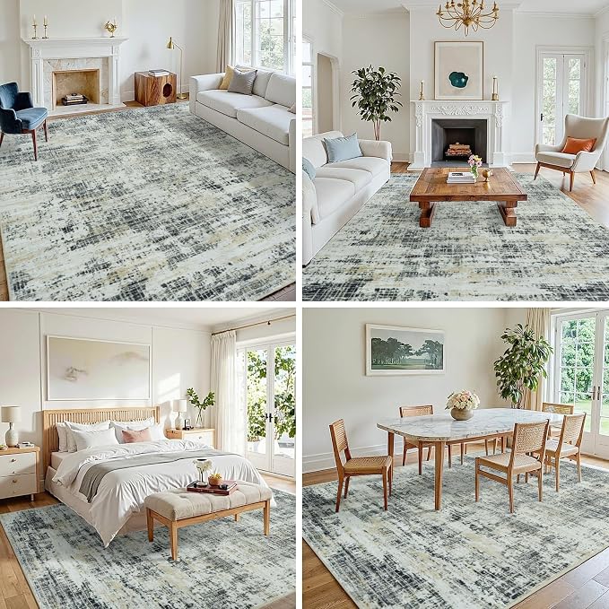 8x10 Washable Area Rug for Living Room Bedroom: Non-Slip Modern Black Gray | Machine Washable TPR Backing, Stain-Resistant Low Pile, Pet & Kid Friendly, Abstract Decor for Dining Room, Dorm, Home Office