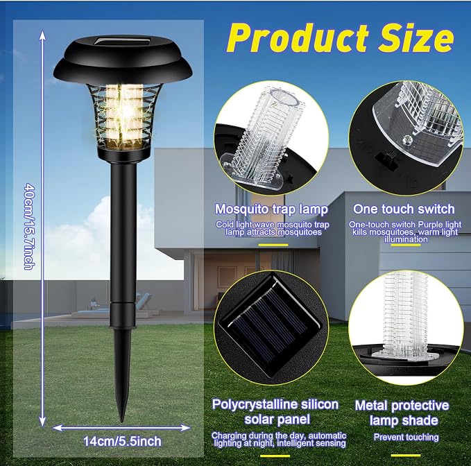 Qualirey 4 Pcs Solar Bug Zapper Waterproof Mosquito Zapper Killer and Lighting Repellent Lamp for Indoor Outdoor Use Garden Patio(Plastic,Black Exterior/Purple & Warm Light)