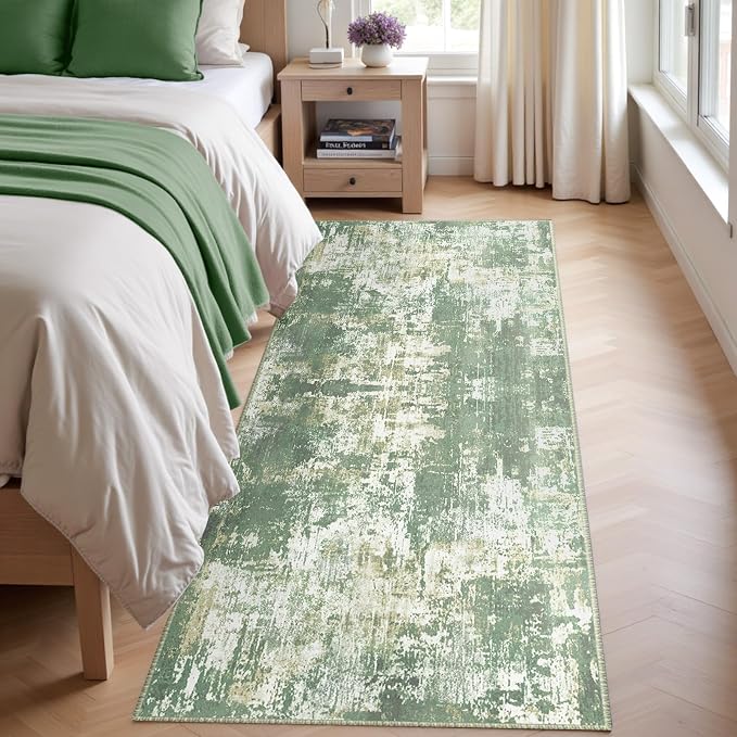 RELEANY Washable Runner 2'x6' Abstract Area Rug for Hallway Light Green | Carpet for Kitchen, Entryway, Bathroom, Living Room, Bedroom, Printed Pattern, Non‑Slip, Soft, Stain‑Resistant, Easy to Clean