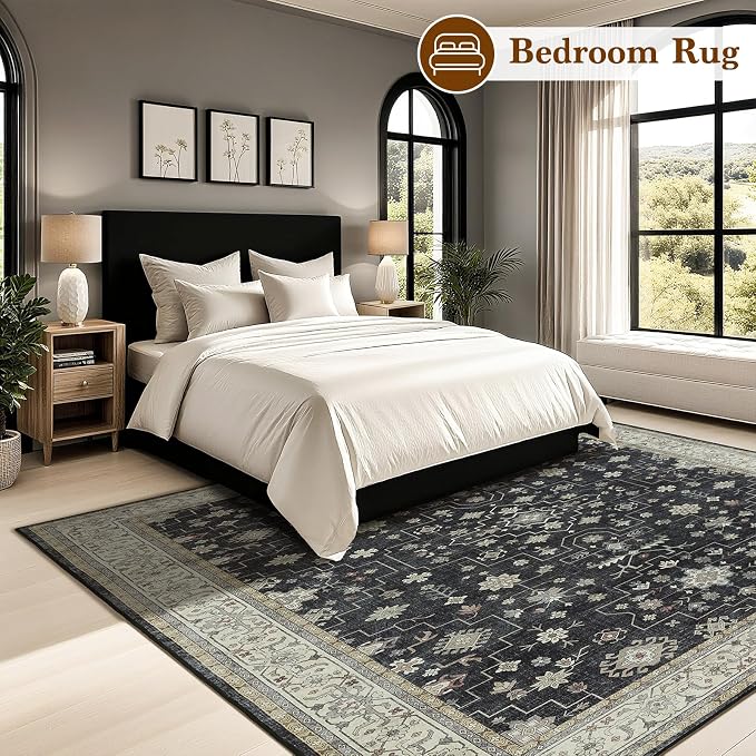 LBRO2M Machine Washable Rug Soft Pet Friendly Carpet 9X12 Black | Vintage Rug 9X12 for Living Room, Bedroom, Dining Room, Home Office, Non Slip Carpet, Foldable Stain Resistant Rugs