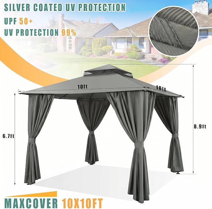 COBIZI 10x10 Gazebo with Double Roof & Mosquito Netting Outdoor Heavy-Duty Party Tent, Patio Tent with Zipper Screens - Backyard Garden Lawn Shelter Includes Wind Ropes Expansion Bolts, Grey