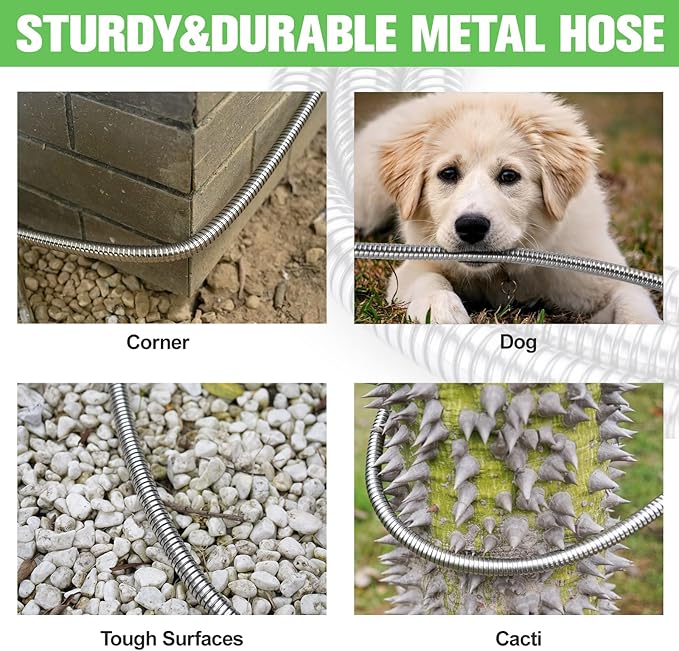 TVKB Garden Hose 100ft Stainless Steel Water Hose Super Tough Flexible Water Pipe with Brass Fittings and Sprayer Nozzle, No Kink, Rust Proof